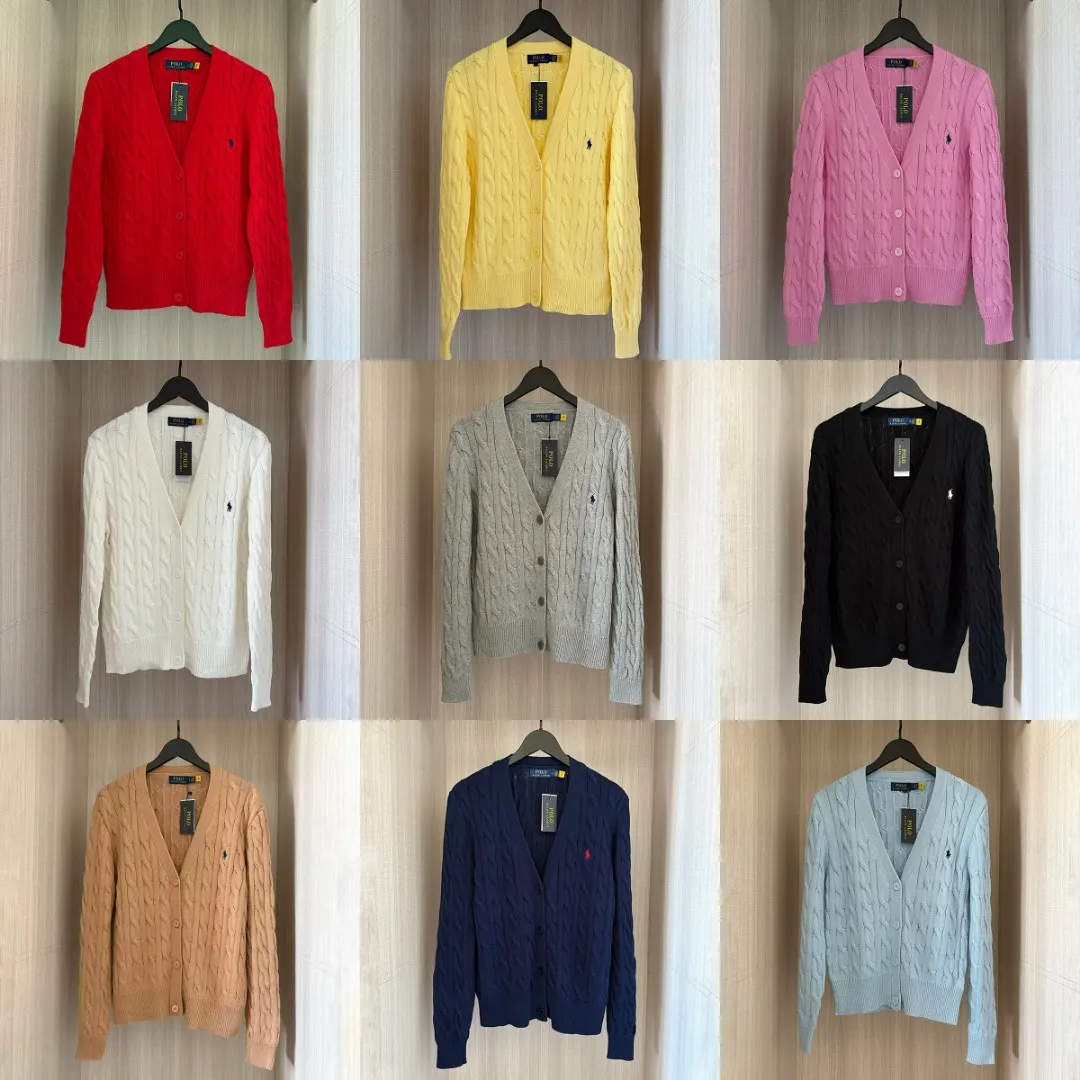 P230 RALPH LAUREN Ten-color V-neck cardigan with small label embroidery long-sleeved button pullover knitted sweater tops for men and women Ten colors Color: white, black, navy blue (red label), gray, pink, red, khaki, blue, yellow, navy blue (white label) Code number: S M L XL Material: cotton Weight: 720g